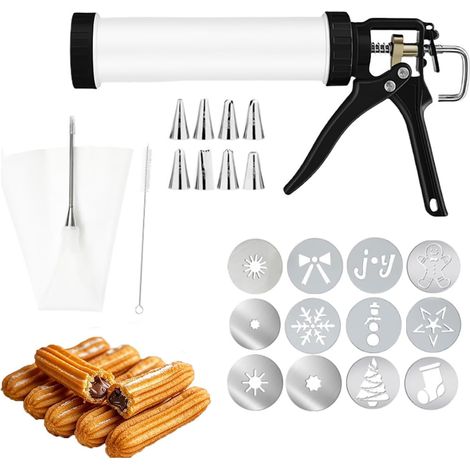 Churros, Biscuit Press, 28 Pieces Stainless Steel, with 9 Nozzles and 12 Stencils, Biscuit Press and Cake Decoration for Home Baking (1/5)