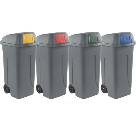 Set 4 bidoni porta rifiuti - capacità 100 litri - bicolor con fondo grigio e coperchi di colore grigio con alette basculanti colorate (Giallo, Blu, Verde e Rosso) per raccolta differenziata