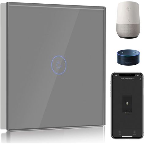Interrupteur Connecté WiFi,1 Gang 1 Voie Interrupteur Tactile Mural en Verre WiFi, Gris (Ligne Neutre Requis) (1/5)