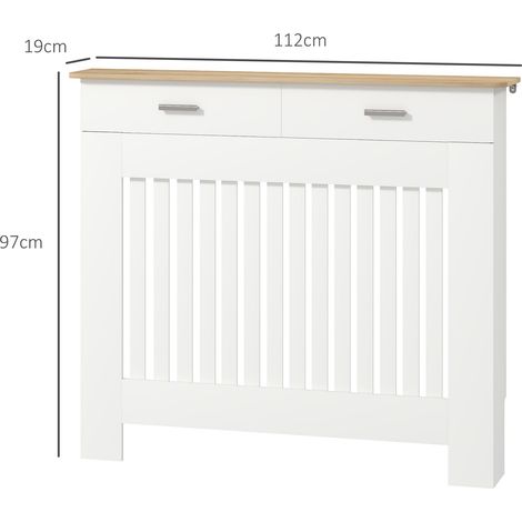 Cache-radiateur à lattes anti-basculement avec tiroir de rangement, en bois, 112 x 19 x 97 cm, blanc