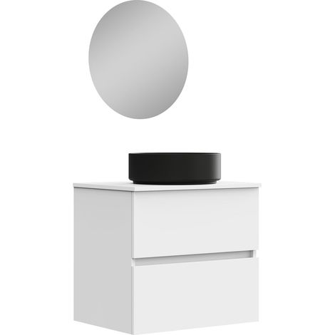 Meuble de Salle de Bain Onyx Black, 2 tiroirs, Suspendu au Mur, avec lavabo en céramique Noir Mat, mélaminé 16 mm. Meuble monté. Lavabo Rond/avec Miroir 60 cm Blanc (1/5)