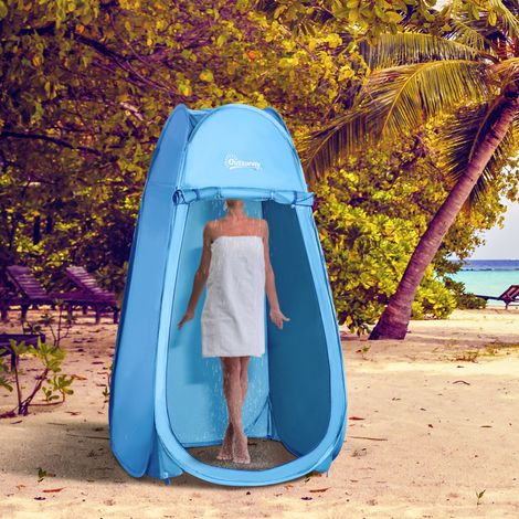 Tente de douche dépliable bleue, portable et repliable, protection UV, avec housse de transport fournie, parfaite pour plage, pêche, camping, bain et extérieur.