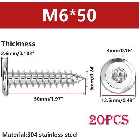 20 Pezzi Viti Autofilettanti a Testa Piatta, Viti per Legno a Esagono Incassato, Acciaio Inox 304, M6x50mm, per Plastica Legno Metallo (1/5)