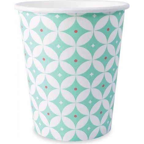 Gobelets en carton - SCRAPCOOKING PARTY - 25cl - Blanc avec rosaces vert d'eau - Lot de 8