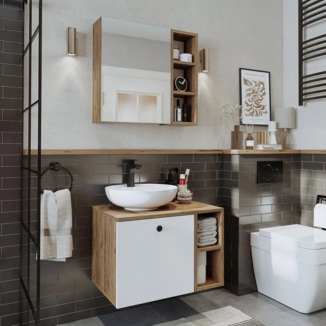 Lotus Bathroom Set of 2, Vanity Unit with Over Counter Wash Basin / Bowl and Mirror Cabinet, 65 cm, Oak Effect and White (1/5)