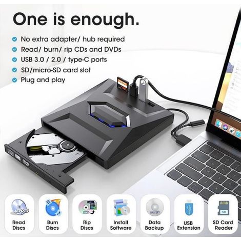 Lecteur - Graveur CD DVD Externe USB 3.0 Ultra Slim + Type-C Port + SD Card Lecteur ROM +--RW pour PC Mac Windows 11-10-8-7