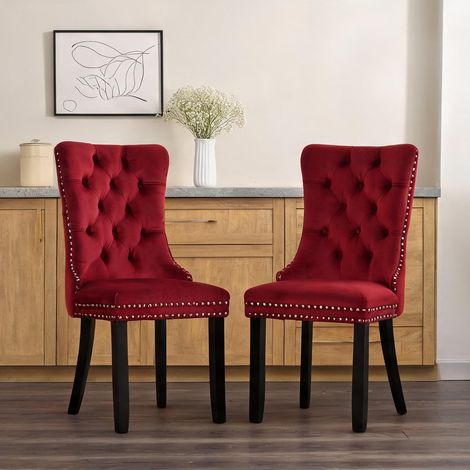 Set de 2 chaises de salle à manger en velours rouge et bois (1/5)