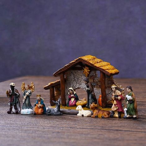 Crèche En Résine - Figurines De La Nativité Peintes À La Main - Décoration De Table Pour Noël - 12 Pièces (1/4)