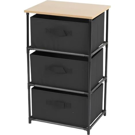 Étagère de rangement 3 tiroirs tissu - Structure métal et plateau bois - Noir - Livraison gratuite