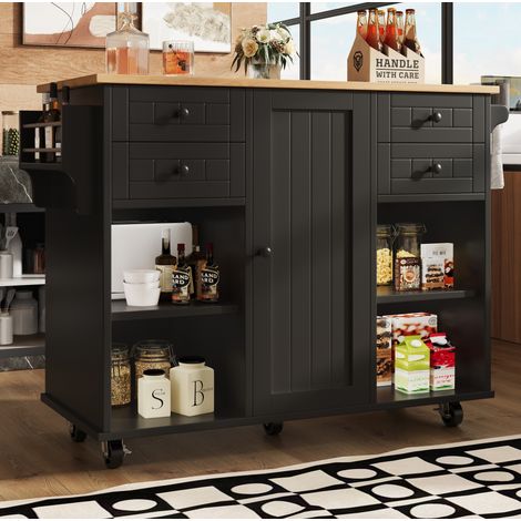 Carrello da cucina nero con 5 ruote, 4 cassetti, 1 anta, 1 portasciugamani, 4 vani aperti (1/5)
