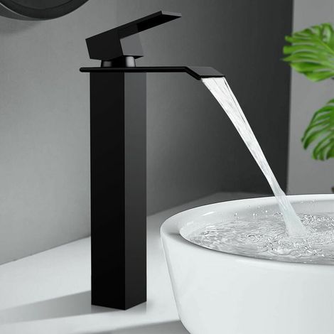 Robinet de salle de bain cascade noir mitigeur de lavabo robinets de lavabo en acier inoxydable à bec haut pour salle de bain Design moderne (1/5)