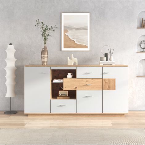 Aparador blanco y madera, aparador de salón, aparador LED con 2 puertas y 4 cajones, estante de vidrio, 160x40x77 cm (1/5)