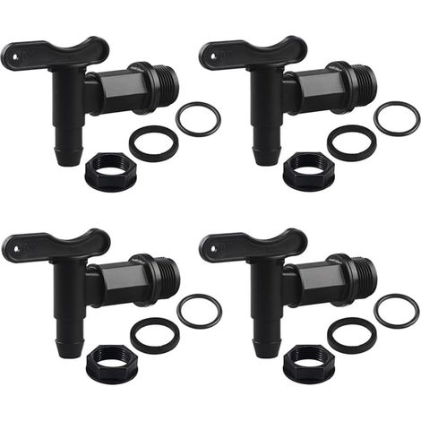Lot de 4 robinets pour récupérateur d'eau de pluie - 25 mm - Robinet en plastique pour seau d'eau de pluie - Valve de rechange en plastique - Robinet de sortie - Robinet en plastique - Avec écrou et j (1/5)