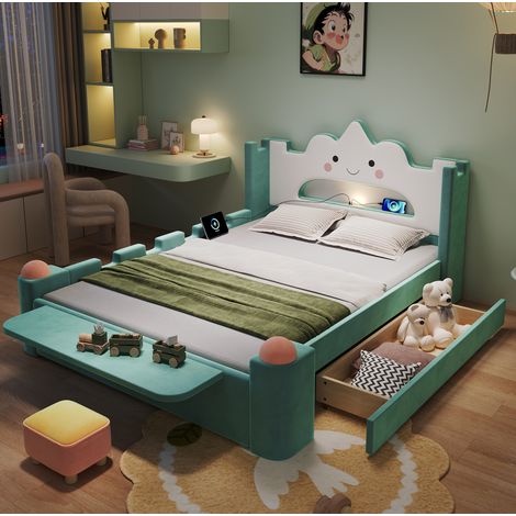 Lit enfant 140x200 cm en velours bleu-vert, avec rangement gain de place pour chambre FloraGrace (1/5)