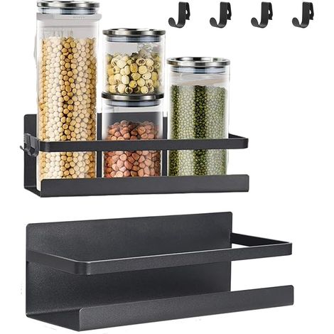ORGANIZADOR DE ESPECIAS MAGNÉTICO PARA REFRIGERADOR CON 4 GANCHOS, COLOR NEGRO