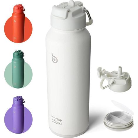 Isolierte Wasserflasche mit Strohhalm 1,2 l Weiß - Sportflasche mit Griffdeckel (1/5)
