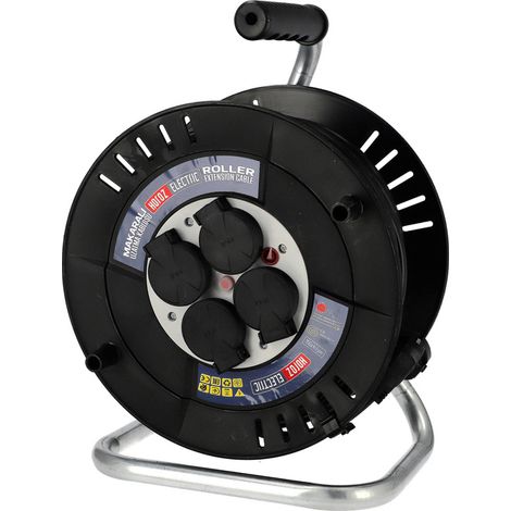 Enrouleur électrique 4 prises 2P+T IP44 noir 40m – Câble 3×2,5mm² – Protection contre l'humidité – 3300W – Horoz Electric