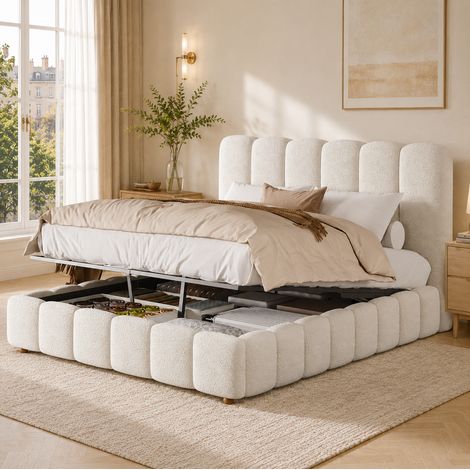 Lit coffre double 140x190 cm hydraulique avec sommier, tête de lit bouclette blanche (1/5)