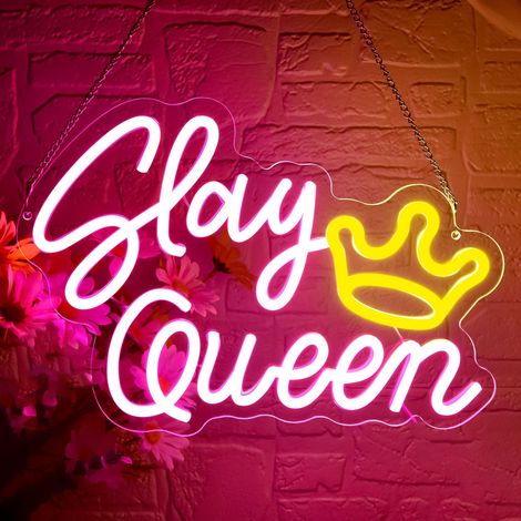 Enseigne néon « Slay Queen » avec motif couronne – Lumière LED à intensité variable – Style « Preppy » pour chambre de fille – Idée cadeau pour femmes – Dimensions : 13,8" x 9,5" (1/5)