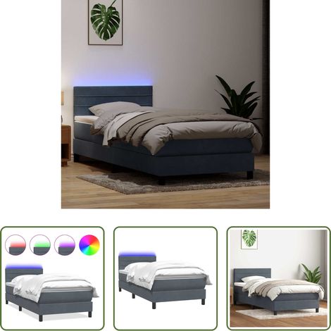 vidaXL LED-Leuchten - Boxspringbett mit Matratze & LED Dunkelgrau 80x210 cm Samt (1/5)