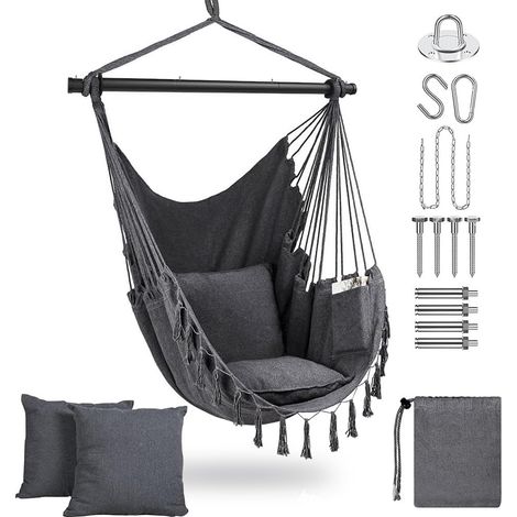Fauteuil Suspendu avec 2 Coussins Siège et Sac - Chaise Hamac Balançoire Suspendue Charge Max 350 lbs, Fauteuil Jardin pour Intérieur et Extérieur Balcon Hamac Portable Poche Latérale (Gris Foncé) (1/5)