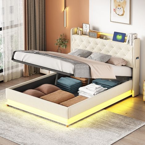 Polsterbett 140x200 cm mit Stauraum und mehrfarbiger LED-Beleuchtung, integriertem USB-Anschluss, hydraulischer Bettkasten, Leinenstoff Beige (1/5)