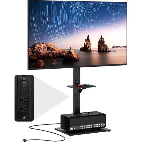 TV Floor Stand with Power Outlet Universal TV Mount for 32-70 Inch TVs Up to 50kg Tilt Height Adjustable Black (1/5)