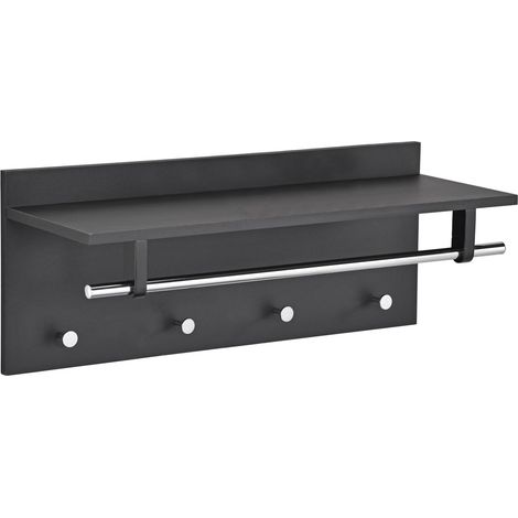 Idimex – Porte-manteaux mural noir en bois avec étagère 75x24cm – 4 crochets métal chromé – Charge max 5kg pour manteaux et vestes (1/5)