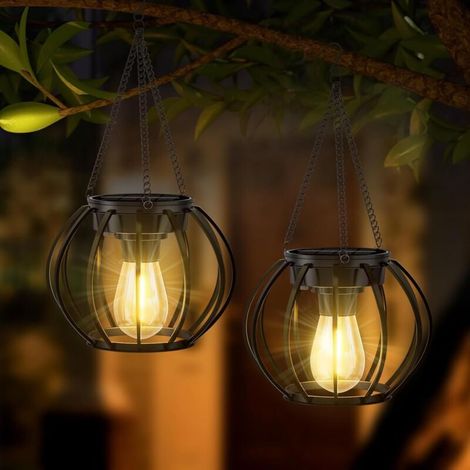 Lampe Solaire Exterieur Suspendue, Lanterne Solaire Exterieur Métal avec Chaîne et Crochet, IP65 Étanche Lanterne Ronde Decorative à Suspendre pour Terrasse Balcon Cour Jardin, lot de 2 (1/4)