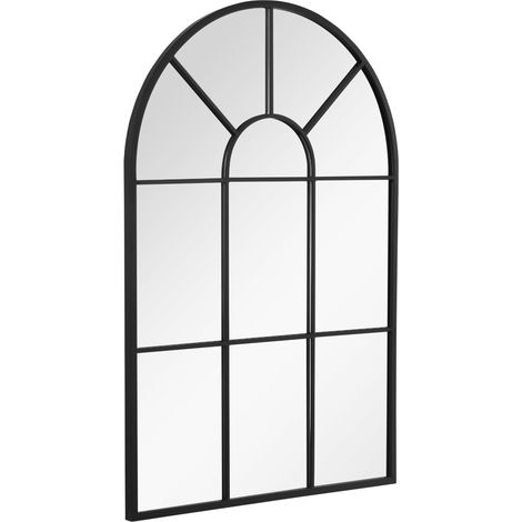 Miroir mural arqué 91 x 60 cm, miroir verrière arche style industriel, miroir de fenêtre arqué avec cadre métallique, pour salon, chambre, couloir, noir