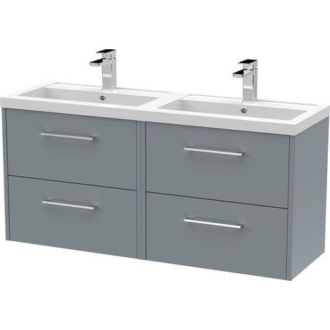 Winshill Contemporary 4 Drawer Wall Hung Vanity Unit with Double Basin, Grey, 1200mm