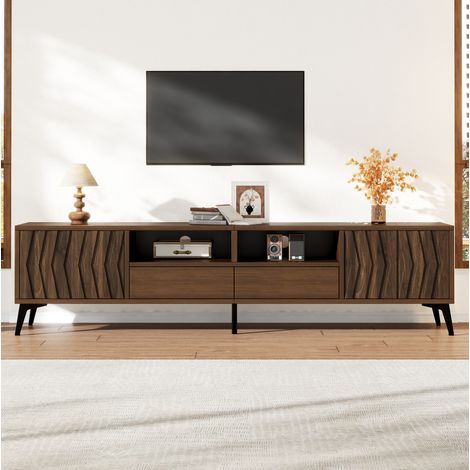 MODFU – Meuble TV 180x35x45 cm panneaux particules – 2 portes, 2 tiroirs et pieds métal – Jusqu'à 75 pouces et charge 60 kg – Salon – Noyer (1/5)