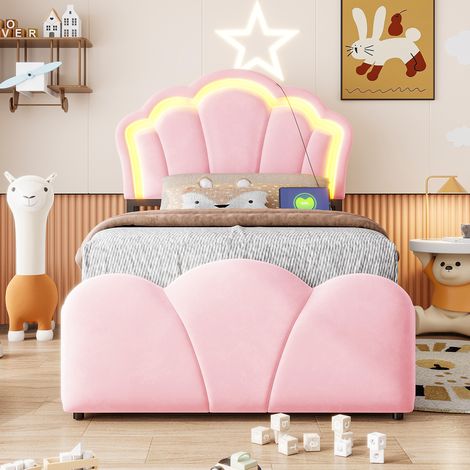 Lit capitonné (90 x 200 cm), rangement hydraulique, éclairage LED, compartiments de rangement dans la tête de lit, motif floral, revêtement en velours et prises électriques intégrées, rose (1/4)