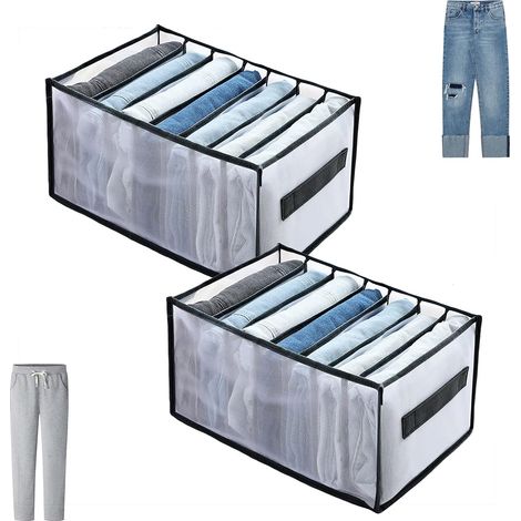 2 Pcs Jeans Organisateur de Tiroir avec Poignée et Compartiments, Boite a Rangement Pantalon d'Armoire Pliable en Maille Grande Capacité pour Séparateurs de Placard Penderie (1/5)