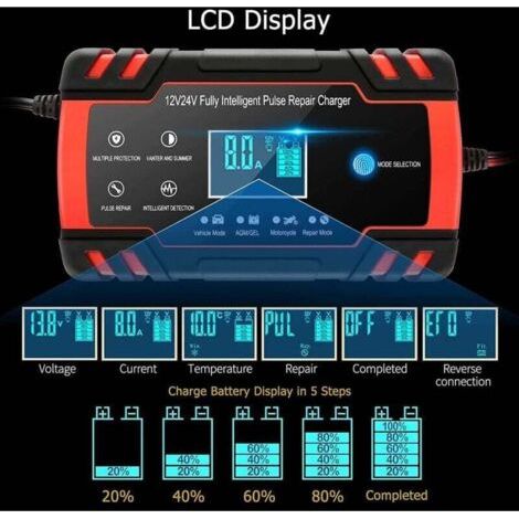 NALOOKAMIC Chargeur de Batterie Intelligent 12V/24V 8A, Chargeur Batterie Mainteneur et Automatique Réparation Fonction Portable avec Écran LCD, pour Voiture Moto Camion, AGM, Gel, Wet, SLA(BlackRed) 