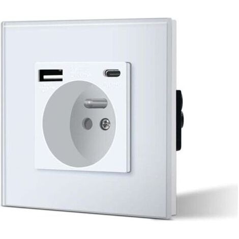 Prise Murale avec USB et Type C, Prise de courant en Verre avec USB 2.1A courant 16 Amp 240V 86mm,Convient au Smartphone, à la Tablette (Blanc) (1/4)