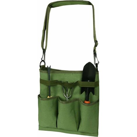 Sac à outils de jardin vert, sac de rangement avec 4 poches et bandoulière, organisateur pour outils de jardin intérieurs et extérieurs (1/5)