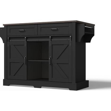 Îlot de cuisine avec plan de travail rabattable, chariot de cuisine à roulettes, meuble de cuisine avec 2 portes coulissantes et 2 tiroirs, style grange, noir, meuble de rangement de cuisine, 120×45(7