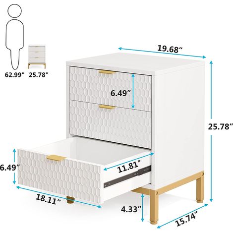 Tribesigns Modern Nightstand, 25.8 Tall Bedside Table with 3 Drawers, Contemporary End Side Table with Storage for Bedroom, Living Room, White and Gold (1 Pack)