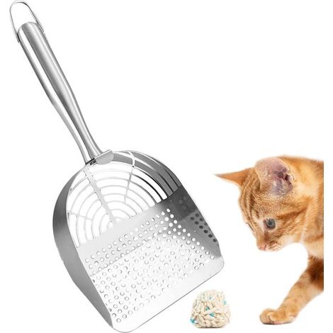 Pala metálica para arena de gatos - Pala para mascotas - Limpieza de areneros - Acero inoxidable - 32,5 cm de largo - Color plata (1/5)