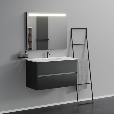 Inda - Badezimmerschrank 2 Schubladen L.100 mit beleuchtetem Spiegelwaschbecken - Mattschwarz
