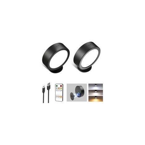 Applique Murale Sans Fil Intérieure Rechargeable, 3200mAh,LED Dimmable 12 Modes de Couleur, Rotation 360° & Boutons Tactiles pour Salon, Chambre, Chevet, Couloir, Noir (2 Pièces) (1/5)