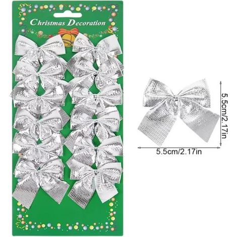 Lot de 12 nœuds de Noël argentés - 6 x 5,6 cm - En tissu - Pour sapin de Noël - Décoration de Noël (1/5)
