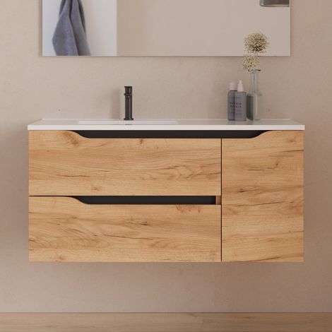 Meuble sous vasque seul, 2 tiroirs et 1 porte, 100cm, pour vasque déportée gauche - roble (bois clair) - ZARZA