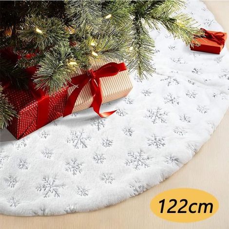 Jupe de Sapin de Noël pour Arbre de Noël Décorations de Fête de Vacances Blanc en Peluche Argent Sequin Flocon de Neige,120cm (1/4)