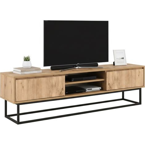Dmora - Fernsehschrank Themis, Ständer für Wohnzimmerfernseher, Niedriges Wohnzimmer-Sideboard, TV-Ständerbasis, 140x40h50 cm, Schwarz und Eiche, mit verstärkter Verpackung