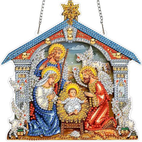 Diamond Painting Anhänger "Heilige Familie Krippe" mit Kette, Fensterbild, 20x20cm (1/4)