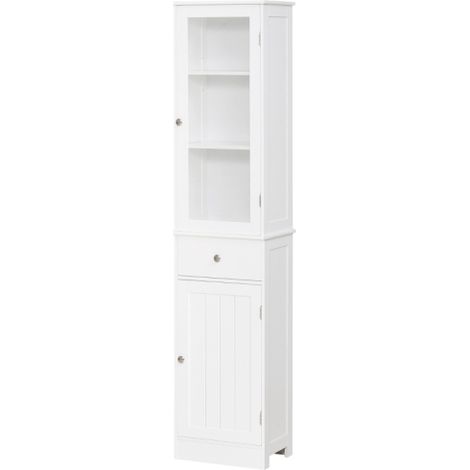 Sleek White Bathroom Storage Cabinet with 3-Tier Shelves and Drawer, Tall Free Standing Organizer for Space-Saving Storage Solutions
