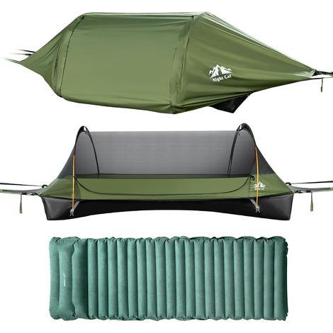 Hamaca exterior impermeable Night Cat: tienda de campaña tipo hamaca plana con mosquitera, lona y colchoneta inflable XXL para 1 persona – Ideal para acampar, hacer senderismo y el jardín. (1/5)