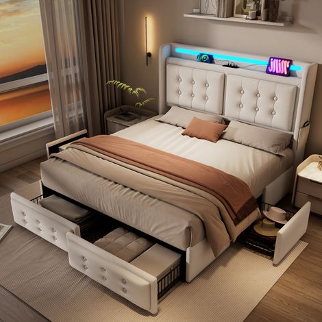 Cama doble con almacenamiento LED y carga USB beige OKMYHOME (1/5)
